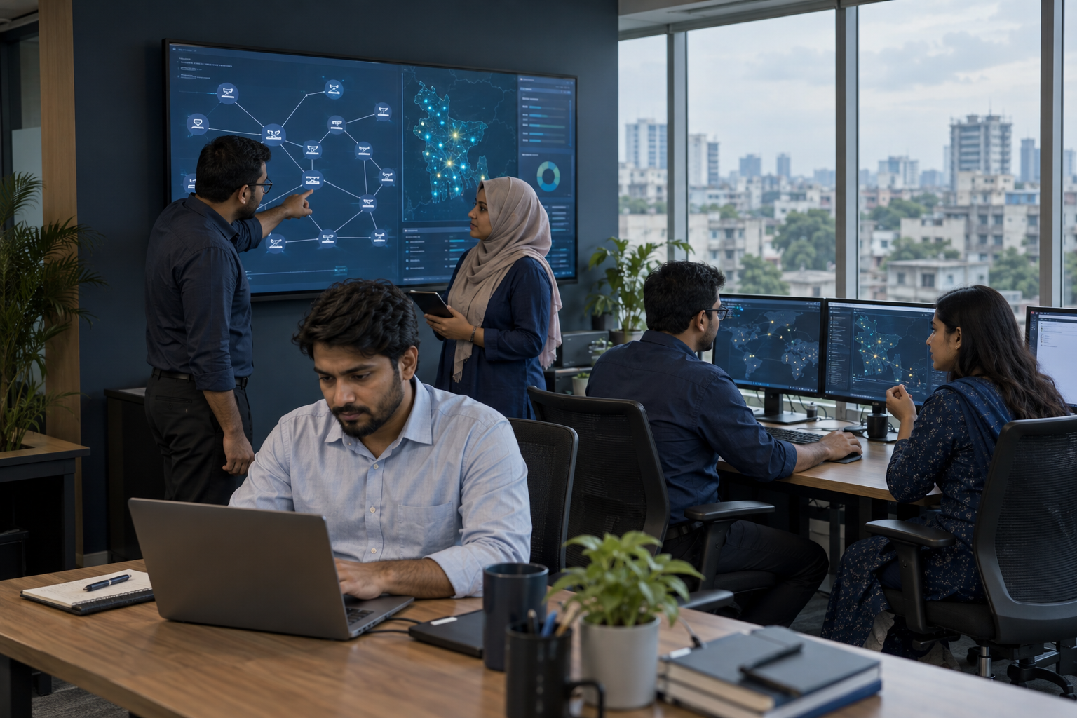 AI-generated illustration of Bangladeshi engineers collaborating on multiple network projects in a Dhaka office