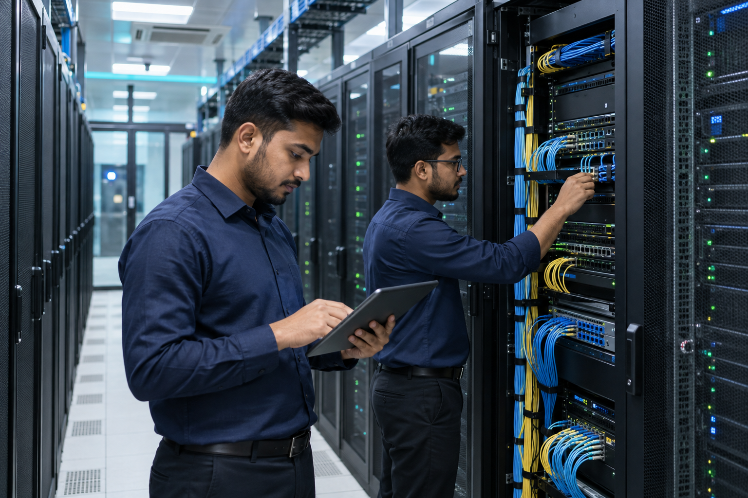 AI-generated illustration of Bangladeshi engineers inspecting network racks in a data center
